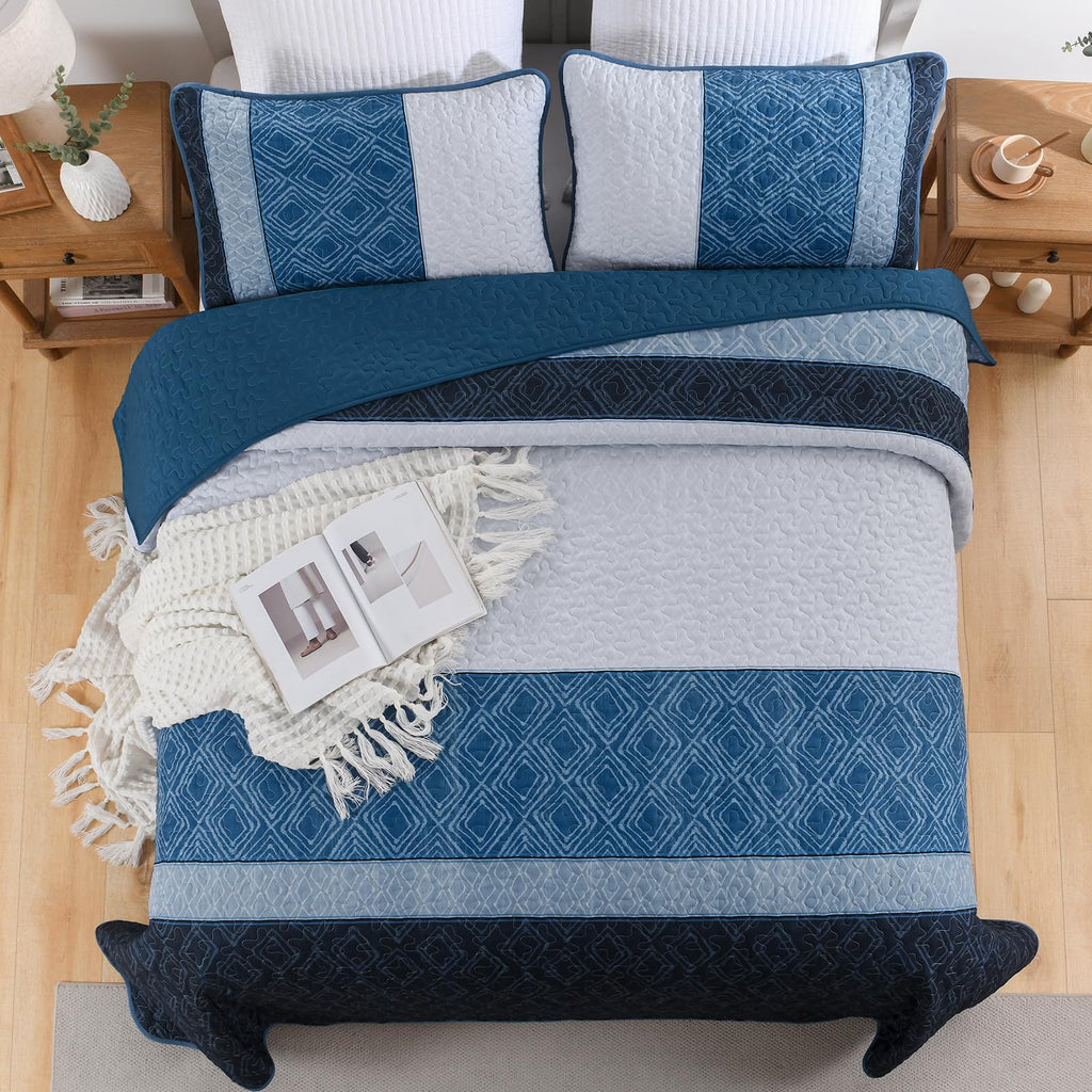 Navy Blue Quilt Set, Striped Plaid Bedspread Coverlet Set