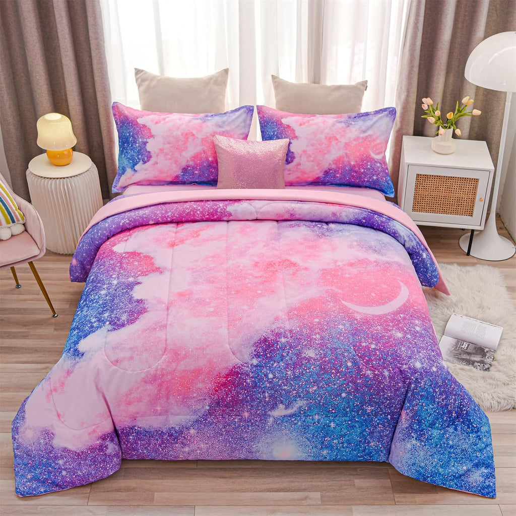 Galaxy Bedding Sets Outer Space Comforter 3D Printed Space Quilt Set Full 6Pcs Glitter Pink,for Children Boy Girl