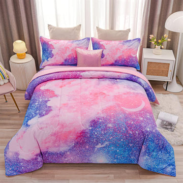 Galaxy Bedding Sets Outer Space Comforter 3D Printed Space Quilt Set Full 6Pcs Glitter Pink,for Children Boy Girl