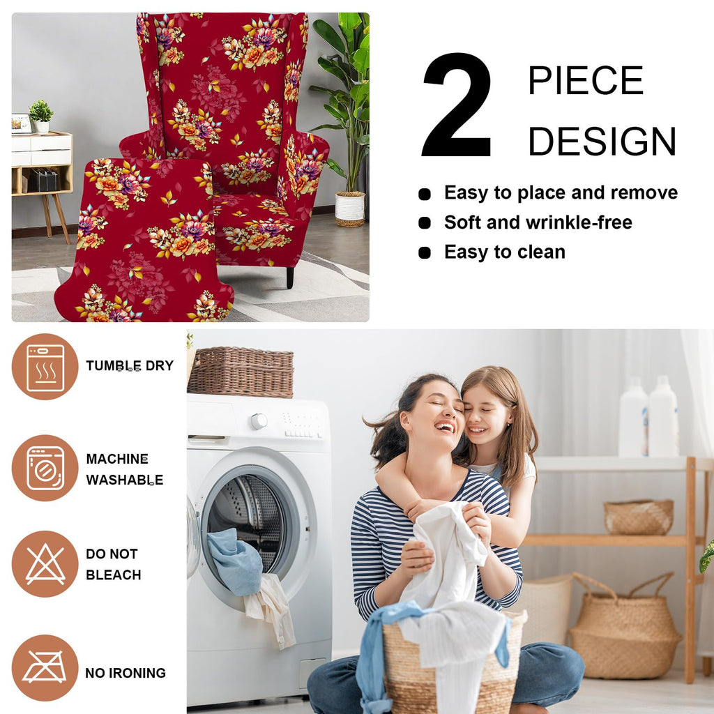 2 Piece Wingback Chair Covers Stretch Wing Chair Slipcover Printed Wing Back Chair Covers with Arms Washable Spandex