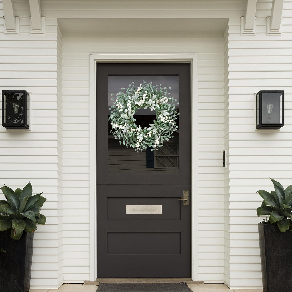 Artificial Greenery Leaves Wreath for Front Door 22 Inch Greenery Boxwood Wreath with Flocked Lambs Ear White Berries
