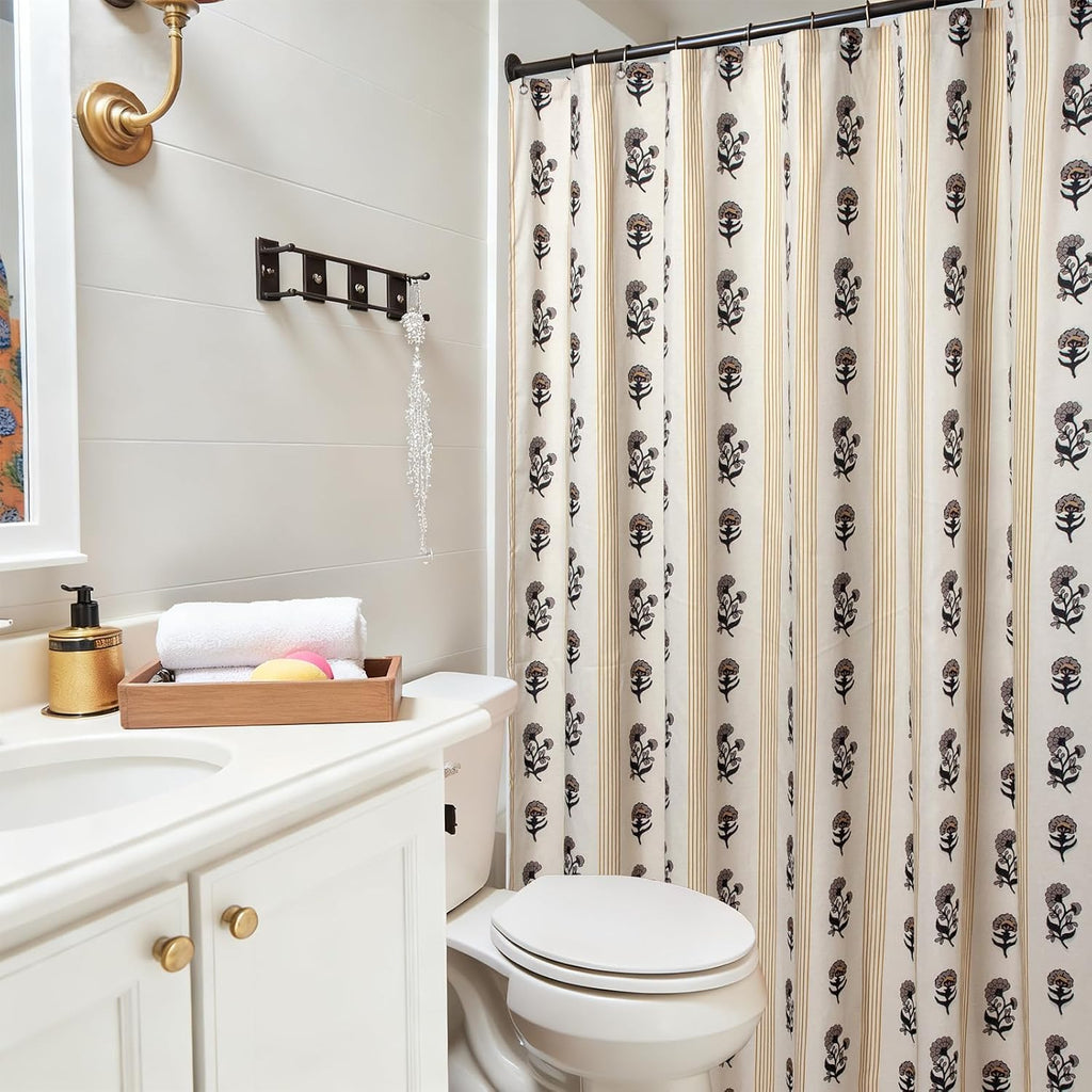 Brown Floral Linen Shower Curtain - Vintage Block Print Striped Shower Curtain Set,Rustic Farmhouse Frenchy Bathroom