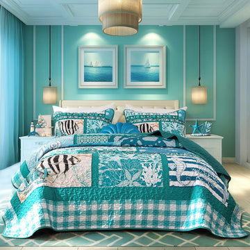 Beach Quilt Set 3 Piece, Summer Coastal Bedspread Coverlet Lightweight Green Ocean Theme Plaid Patchwork