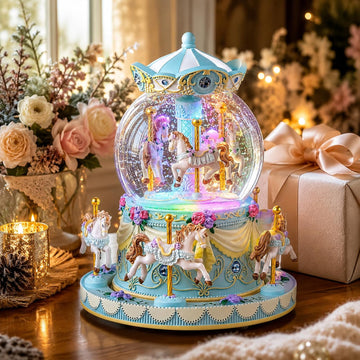 Blue Carousel Snow Globe Music Box with LED Lights, Rotating Horse Merry Go Round, Wind Up Musical Snow Globe Plays