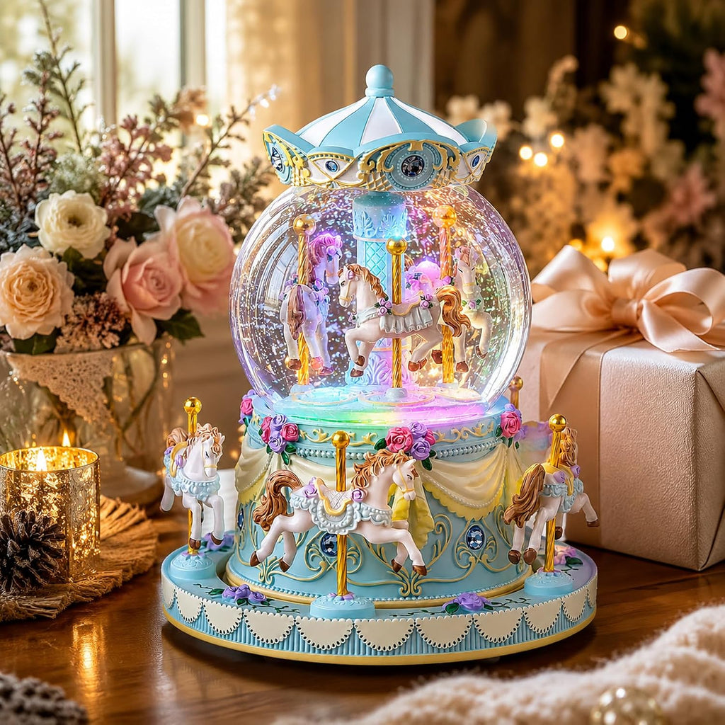 Blue Carousel Snow Globe Music Box with Remote Control, 64 Melodies, LED Lights, Rotating Horse Musical Snow Globe