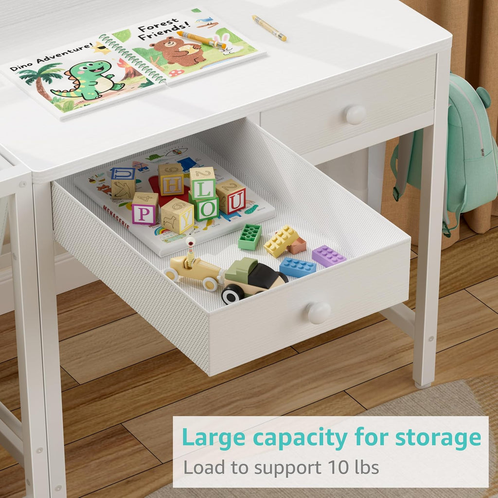 White Kids Desk and Chair Set for 5-8 Year Old Girls Boys, Small Child Desk with Bookshelf, Children Study Table