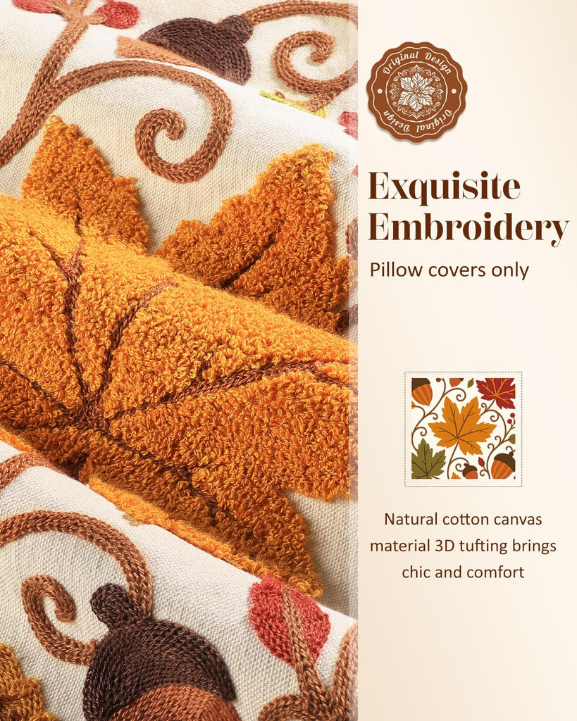 Fall Embroidered Throw Pillow Cover 18x18 Inch, Maple Acorn