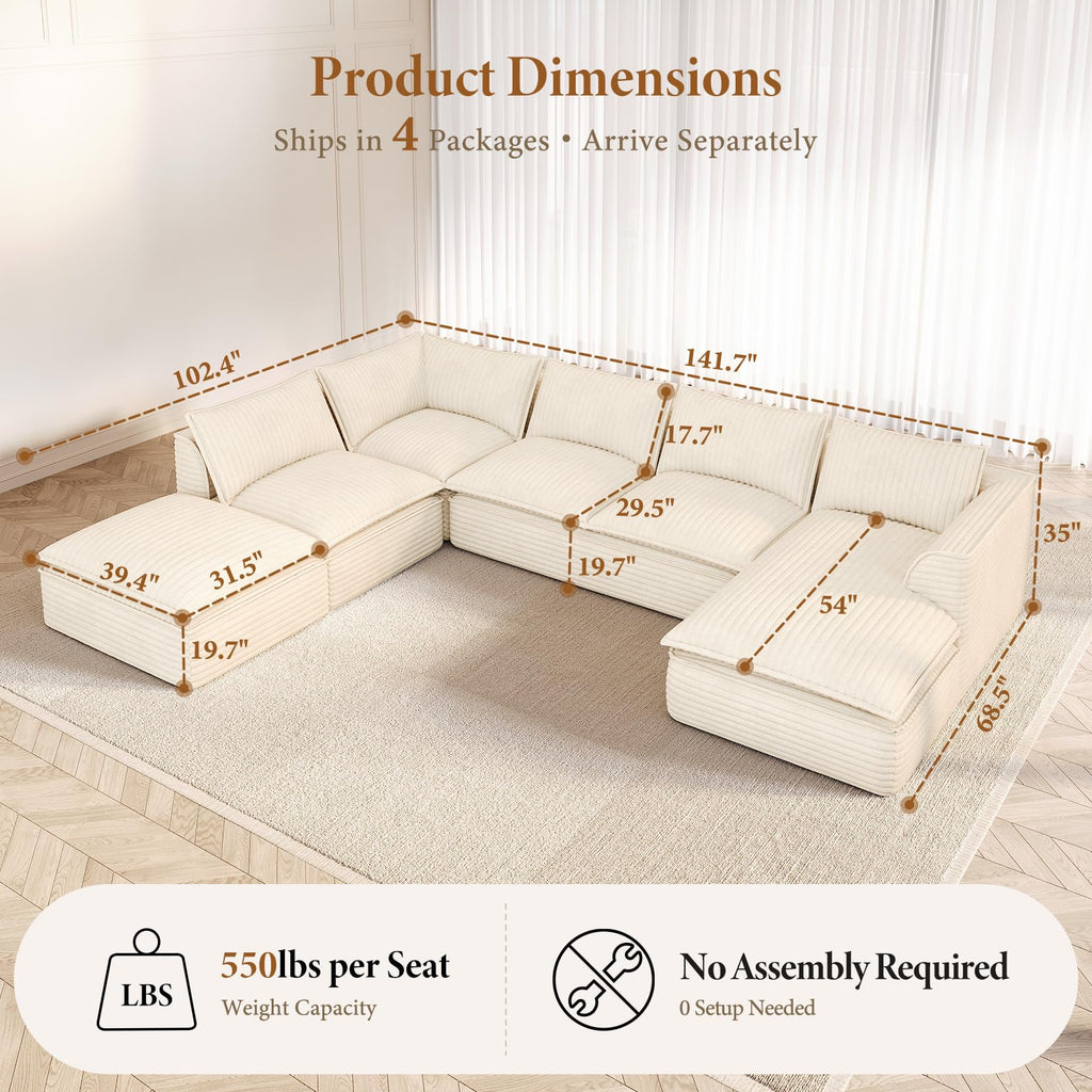 142" 7 Seater Large Boneless Modular Couch, White Plush Corduroy