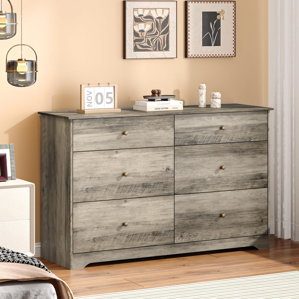 50"W Grey, 6 Drawer Gray, Rustic Grey