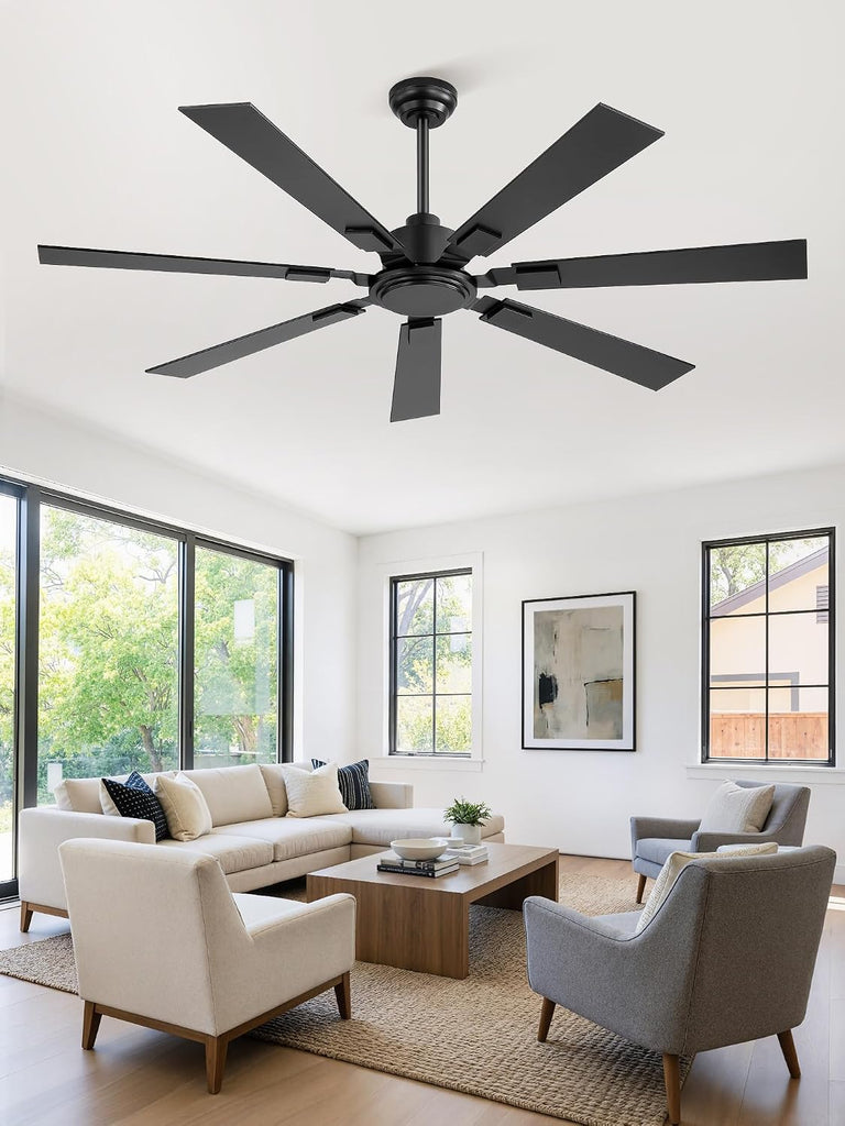 60" Ceiling Fans No Light with Remote, Black Modern Ceiling Fan Without Light, Quiet Reversible DC Motor, 6 Speeds