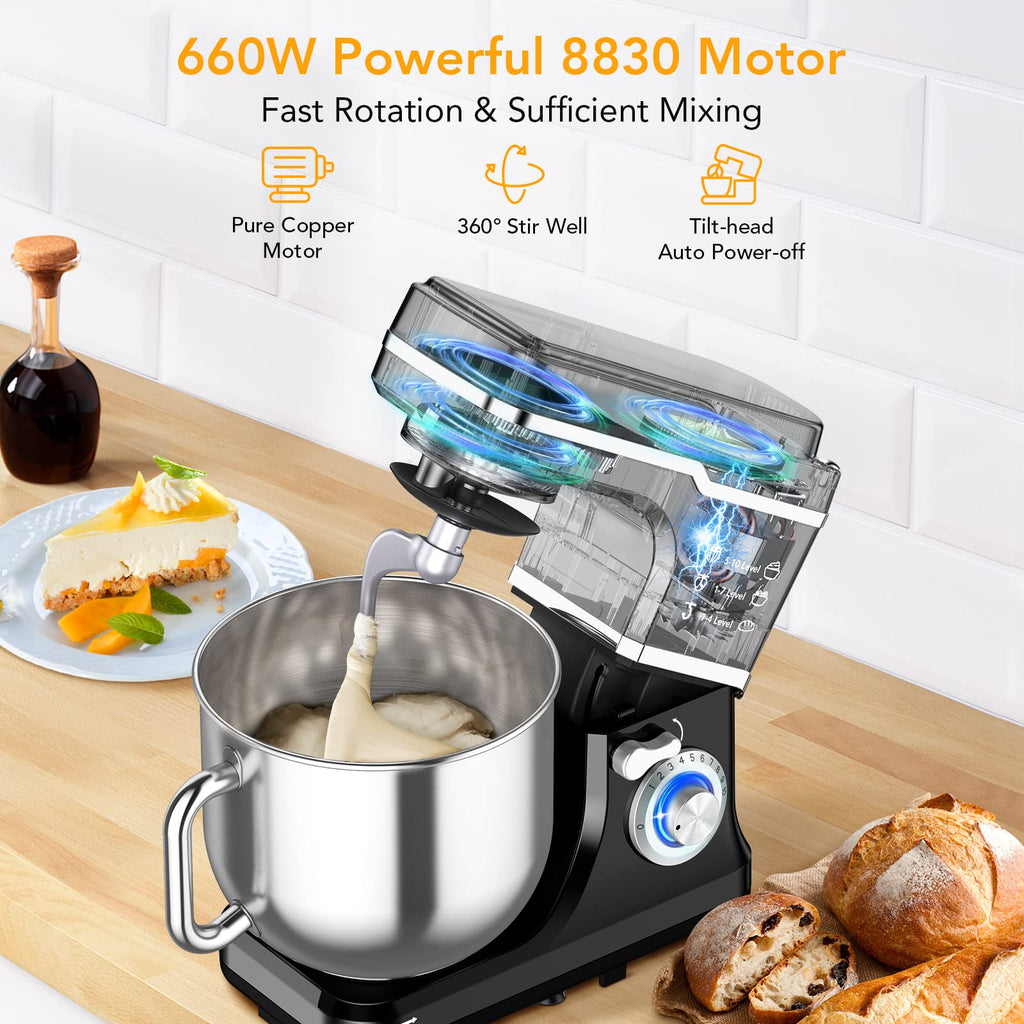 7.5 QT Stand Food Mixer, 10-Speed Tilt Head 3 in-1 Kitchen Electric Mixer with Stainless Steel Bowl, Egg Whisk, Dough