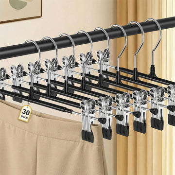 Pants Hangers with Clips for Women 30 Pack, 12Inch Adjustable Heavy Duty Skirt Hangers, Space Saving Non-Slip Shorts