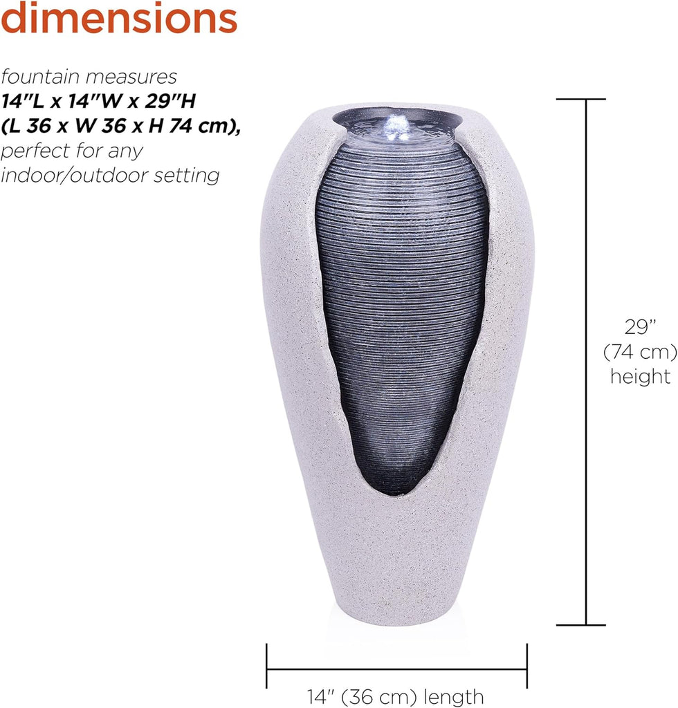29" Tall Two Tone Ribbed Jar Floor Fountain with LED Lights - Elegant Water Feature, Easy Setup with Pump & Plug-in