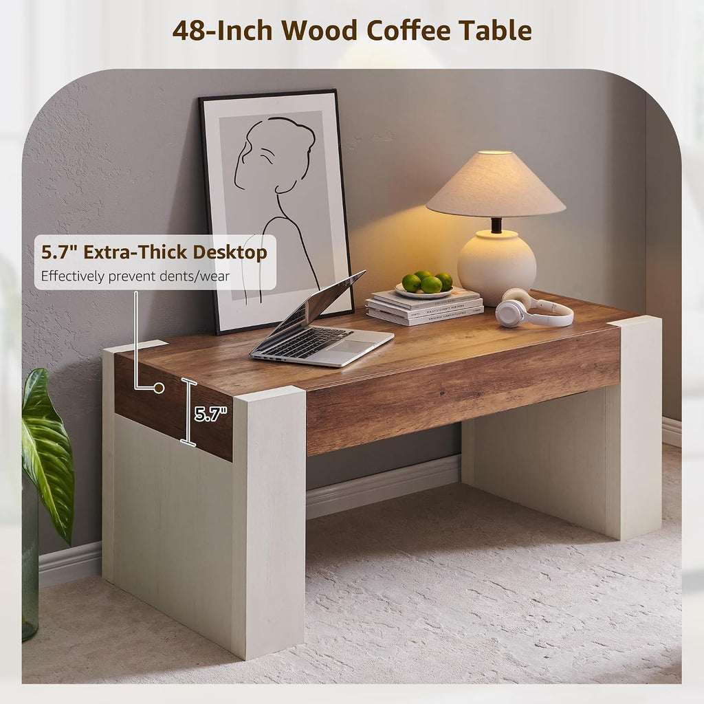 48" Modern Farmhouse Coffee Table, Wooden Living Room Table with Hidden Storage Drawer