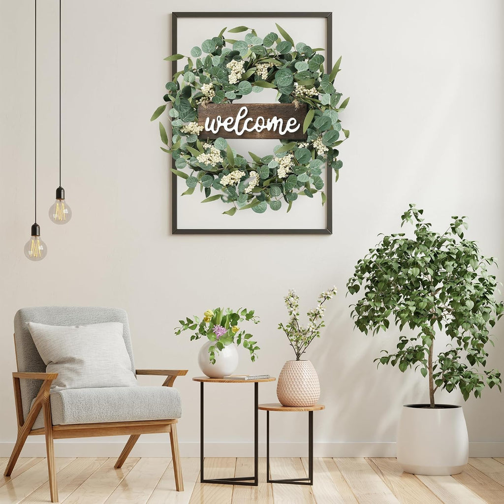 Green Eucalyptus Wreath with Welcome Sign 20in Artificial Spring Summer White Berries for Front Door Wall Window