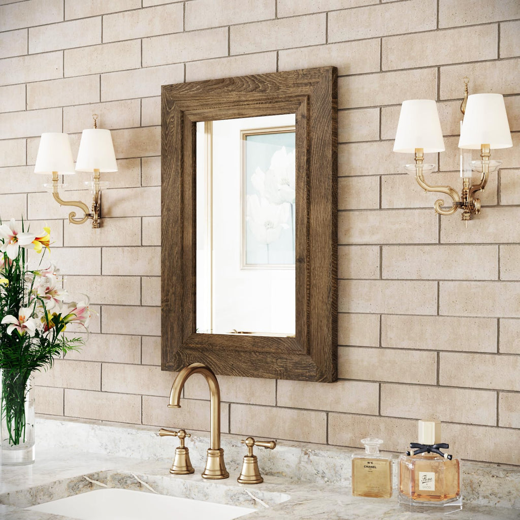 Rustic Wall-Mounted Vanity Mirror, Solid Wood Frame Bathroom Mirror, Farmhouse Style, Horizontal/Vertical Hanging