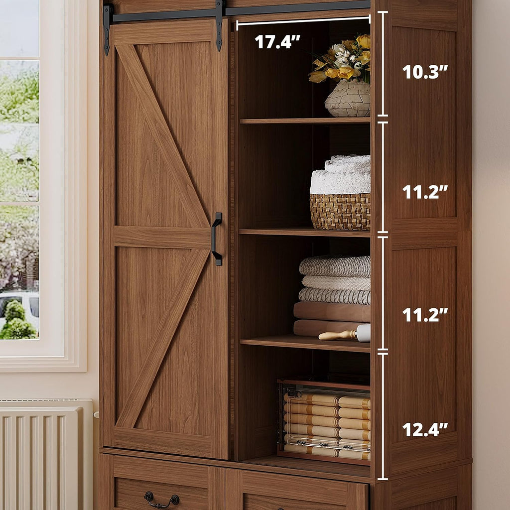 Armoire Wardrobe Closet with 4 Drawers,71" Wardrobe Cabinet with Sliding Barn Doors, Tall Clothing Storage Cabinet