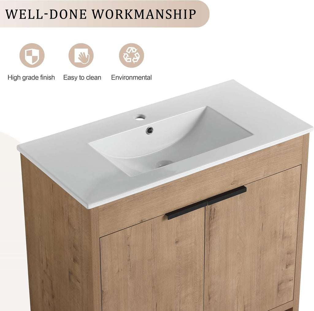 SSLine 36-Inch Bathroom Vanity with Sink Mid-Century Bathroom Vanities with Top Basin Floor Wood Bathroom Sink Cabinet