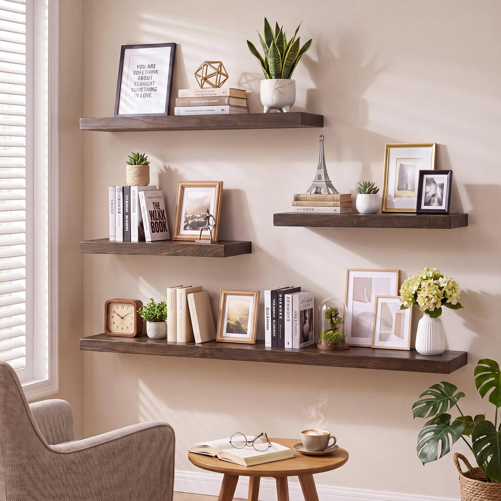 Elm Floating Shelves for Wall - 22" W x 9.3" D Rustic Solid Wood Shelves with Invisible Bracket, Wall-Mounted Storage