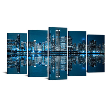 Chicago Canvas Wall Chicago Skyline Picture Painting Blue City Night Decoration Living Room (Large)