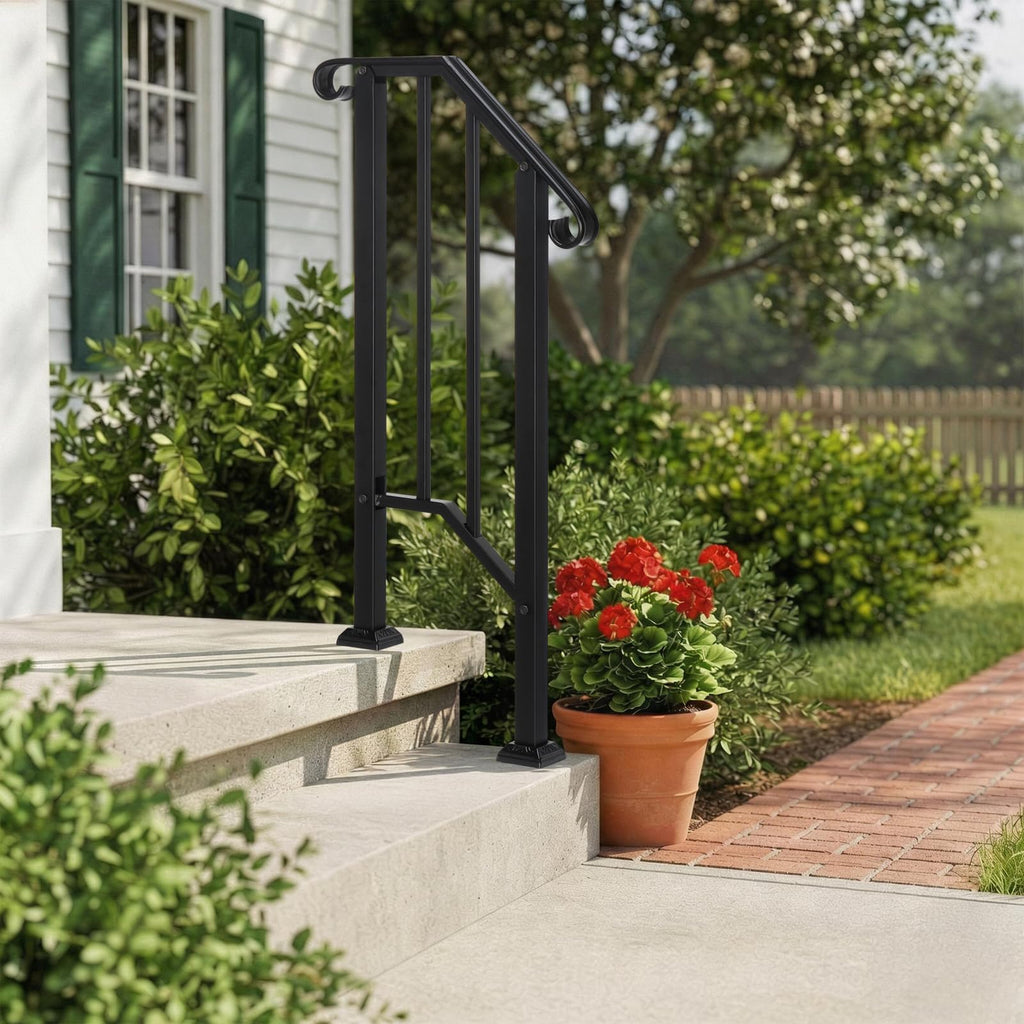 Handrails for Outdoor Steps, Black Wrought Iron Fits 1 Step