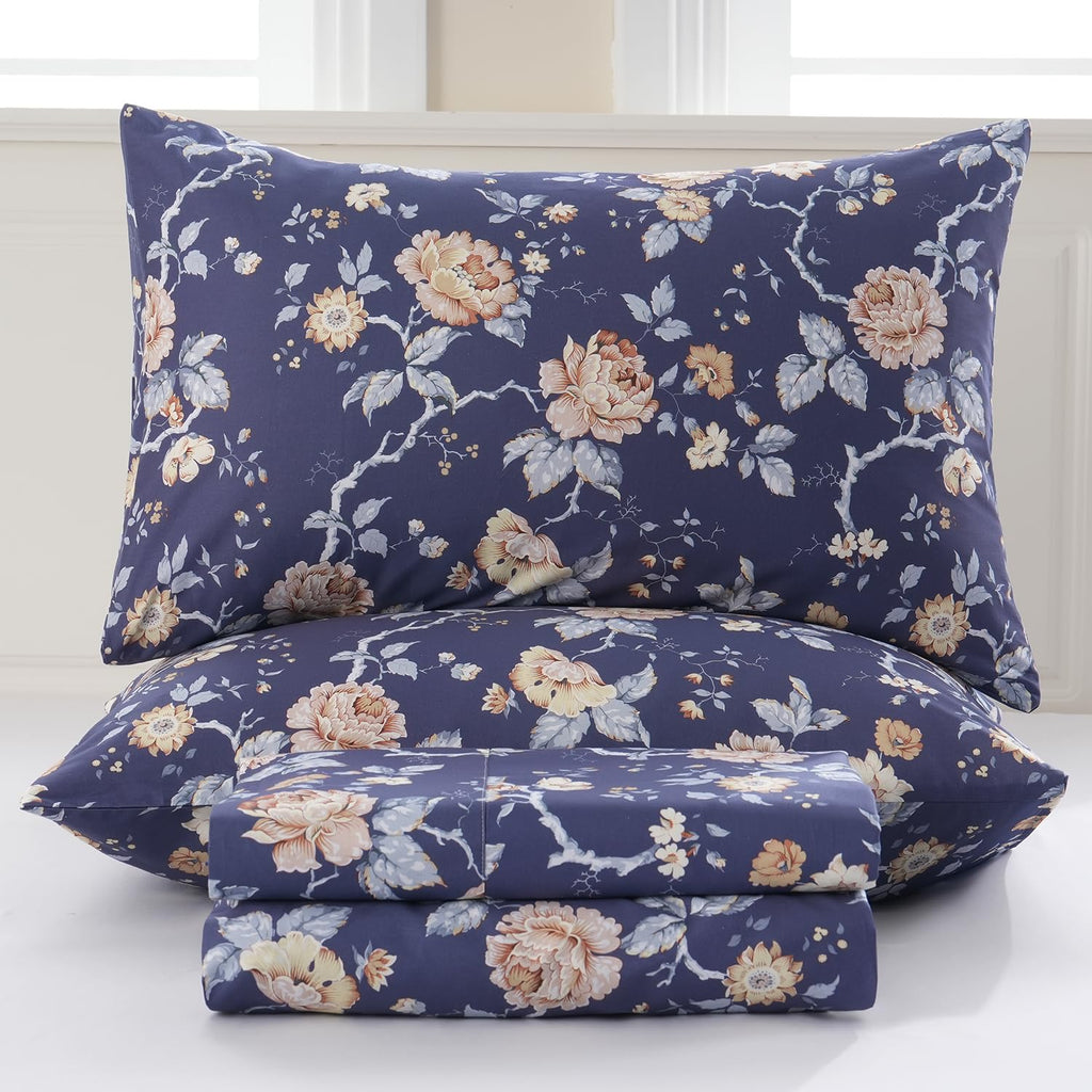 Navy Blue Floral Bed Sheets Set - King Size Percale Cotton Shabby Rustic Peony Flower Print Dark Bed Sheets - Soft