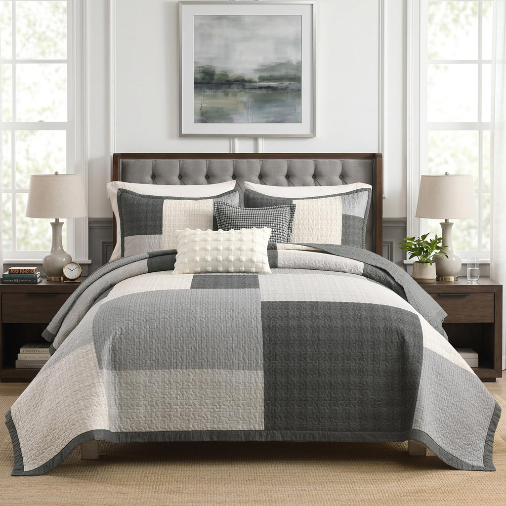 5-Piece Quilt Set, 100% Cotton, Patchwork Comforter Bedding Set, Farmhouse Plaid Quilted Bedspreads