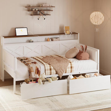Twin Size Daybed with Storage Drawers, Sturdy Metal Bed Frame with X-Shaped Headboard and Charging Station