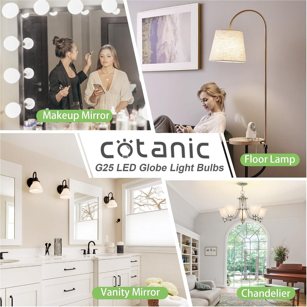G25 LED Globe Light Bulbs, 5W Vanity Light Bulb (60W Equivalent),Daylight 4000K,Non-dimmable Makeup Mirror Lights for