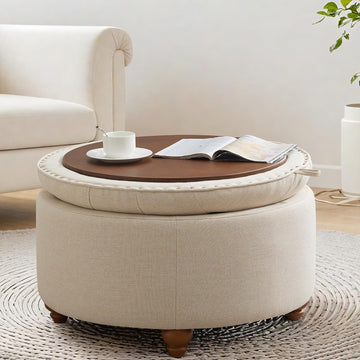 24'' Round Ottoman Coffee Table with Storage, Upholstered Tufted Ottoman with Flip Tray, Solid Wood Legs , Khaki