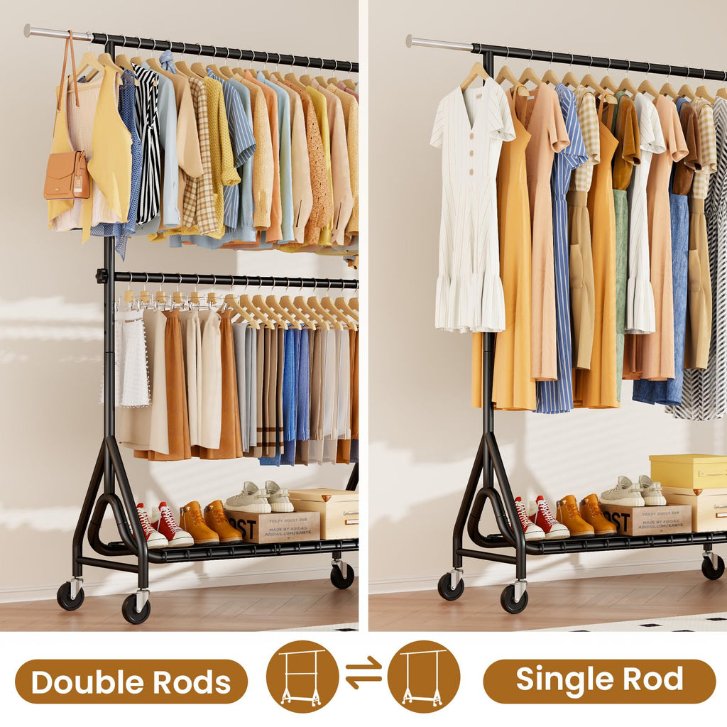 Double Rods Clothing Rack, Heavy Duty Clothes Rack for Hanging Clothes Load 560LBS, Metal Rolling Garment Racks with