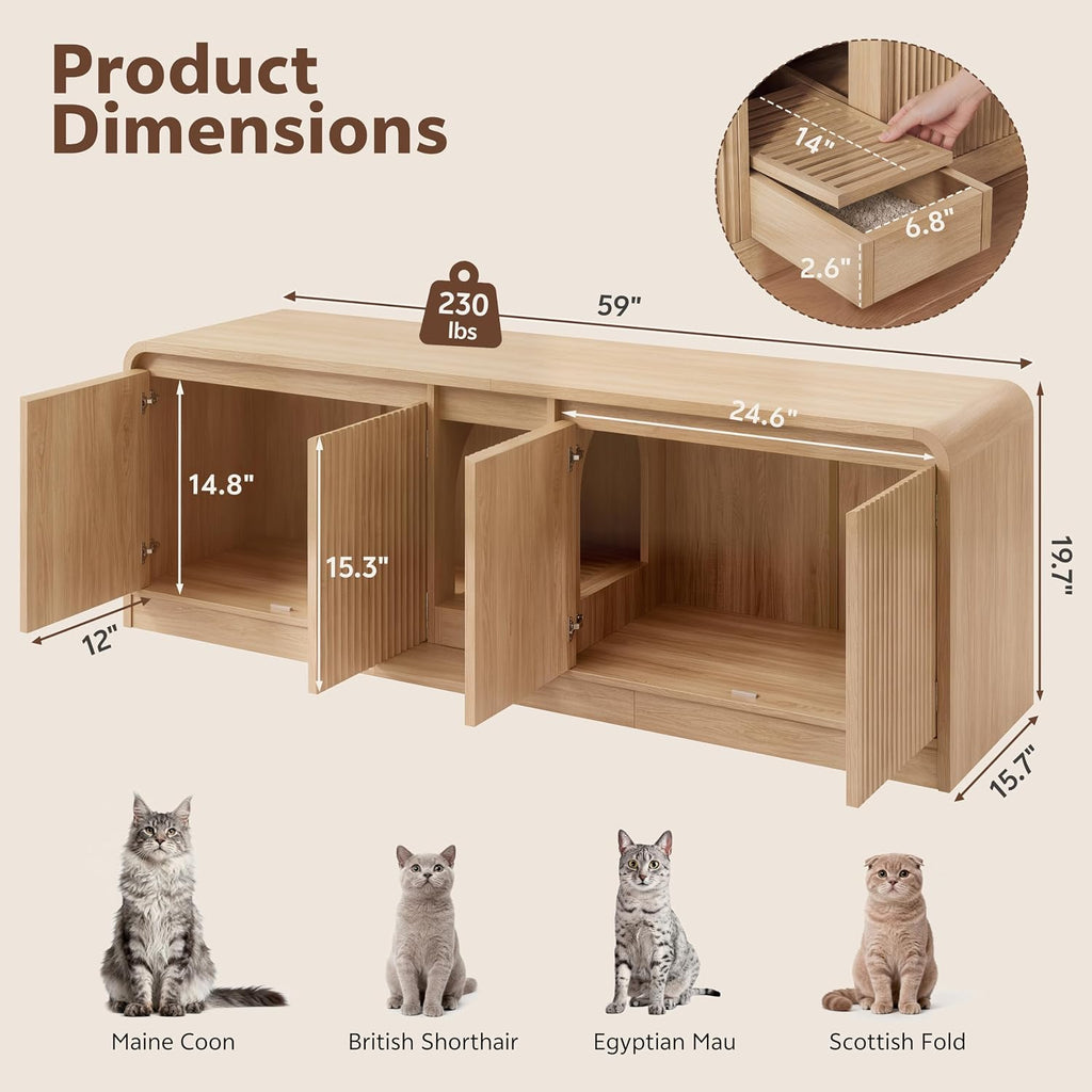 Double Litter Box Enclosure with Litter Collector, 59In, Natural
