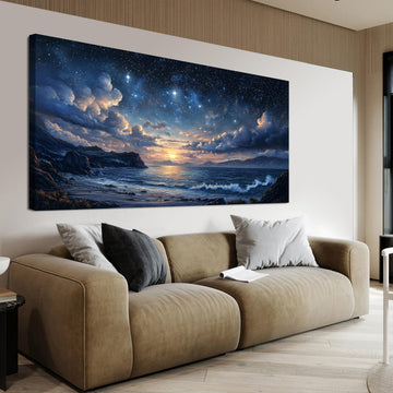 Canvas Landscape Coastal Wall Art Star Night Blue Wall Decor 20" x 40"
