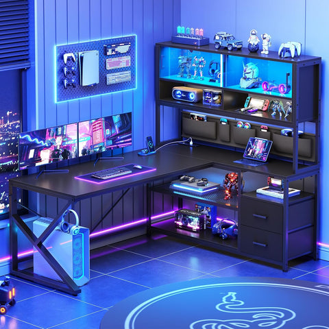 L Shaped Gaming Desk, Home Office Computer Desk with 2 Drawer and Bookshelf, L Shaped Gaming Desk with LED Light