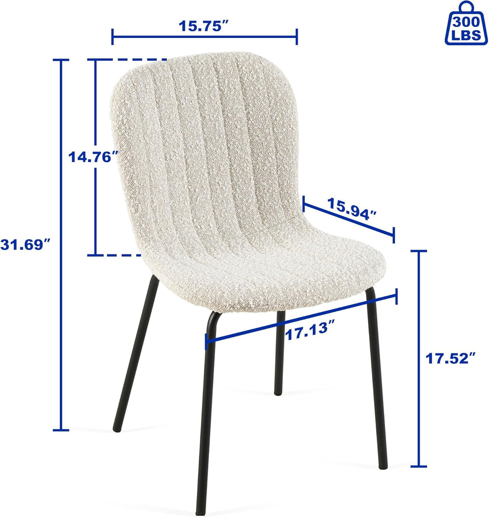 White Boucle Dining Chairs Set of 4, Modern Fabric Upholstered Kitchen and Dining Room Chairs with Metal Legs, Space-Saving Design