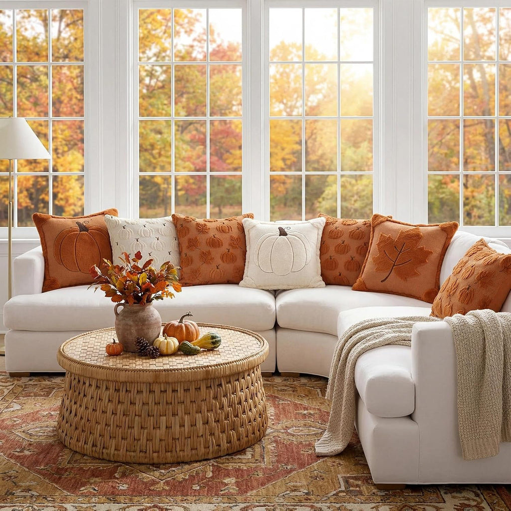 Fall Throw Pillow Covers 18x18 Double-Sided Beige Pumpkin Plush - Set of 2