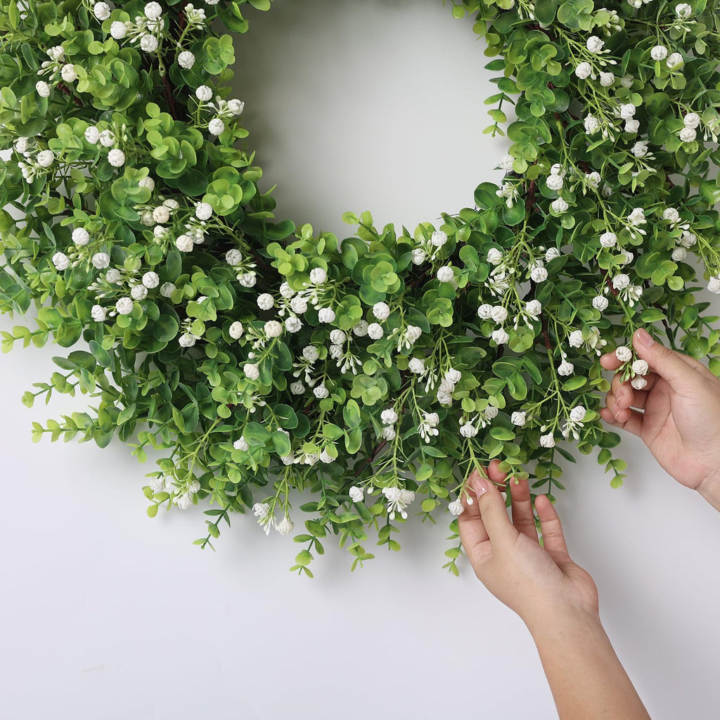 26" Artificial Eucalyptus Wreath with Flowers for Front Door (White-Green)