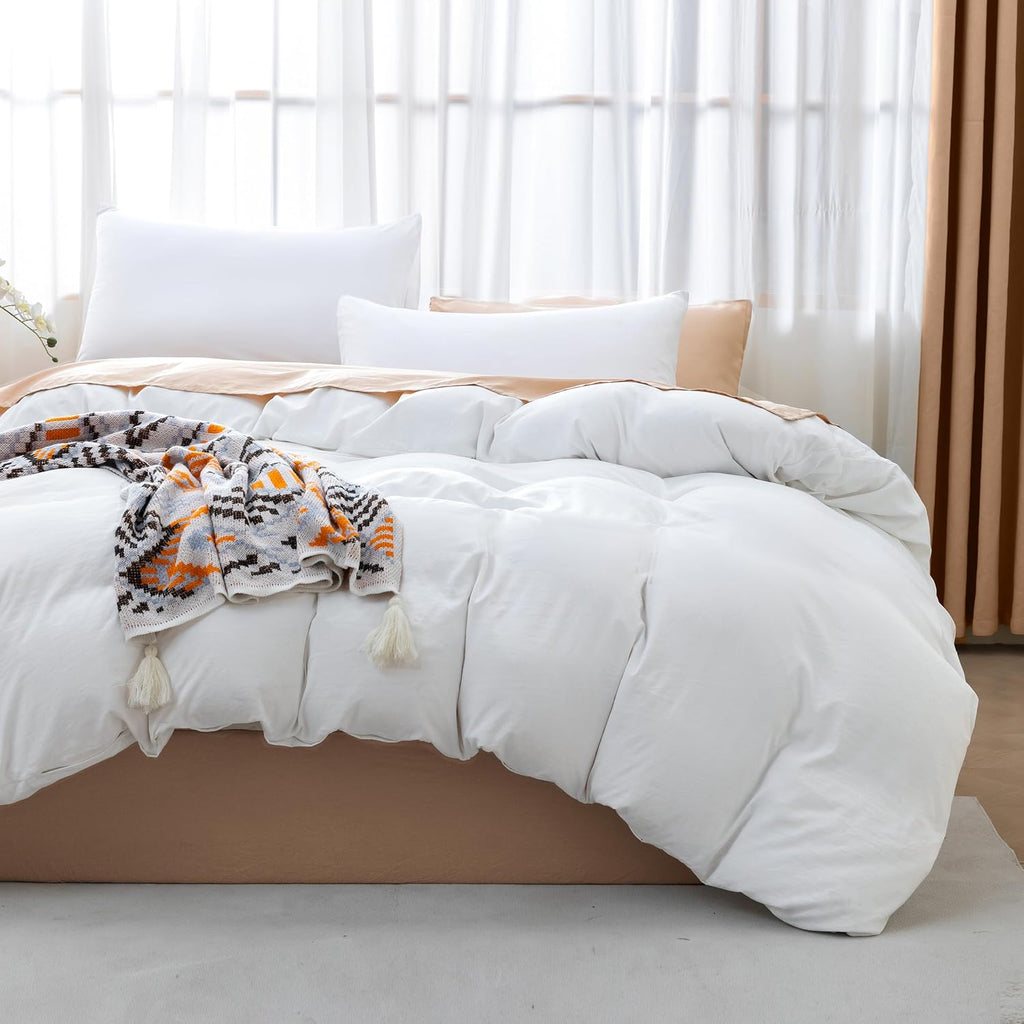 White Queen Duvet Cover Set - 3 Piece Soft Prewashed Microfiber Bedding, Breathable Comforter Cover with Zipper & 8