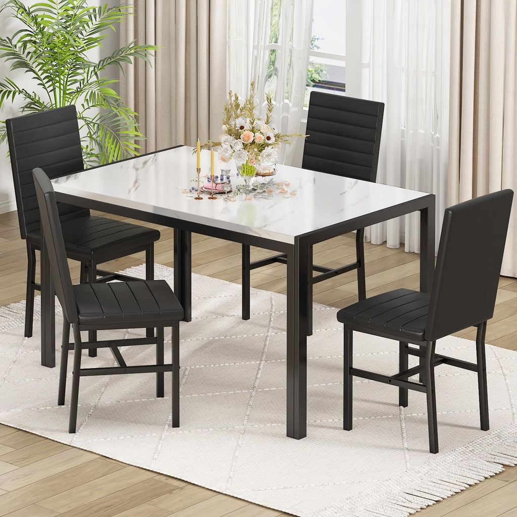 Dining Table Set for 4, Modern 5 Piece Dining Table Set Faux Marble Kitchen Table & 4 Upholstered Chairs, Dining Room