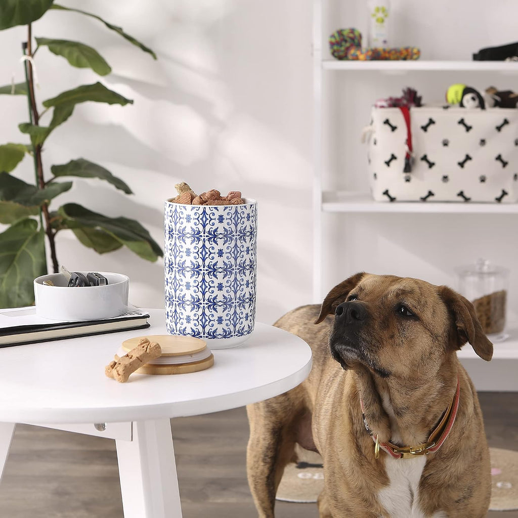 Ceramic Pet Treat Canister with Bamboo Lid, Dishwasher Safe, Countertop Storage, Keep Dog & Cat Treats Safe & Dry
