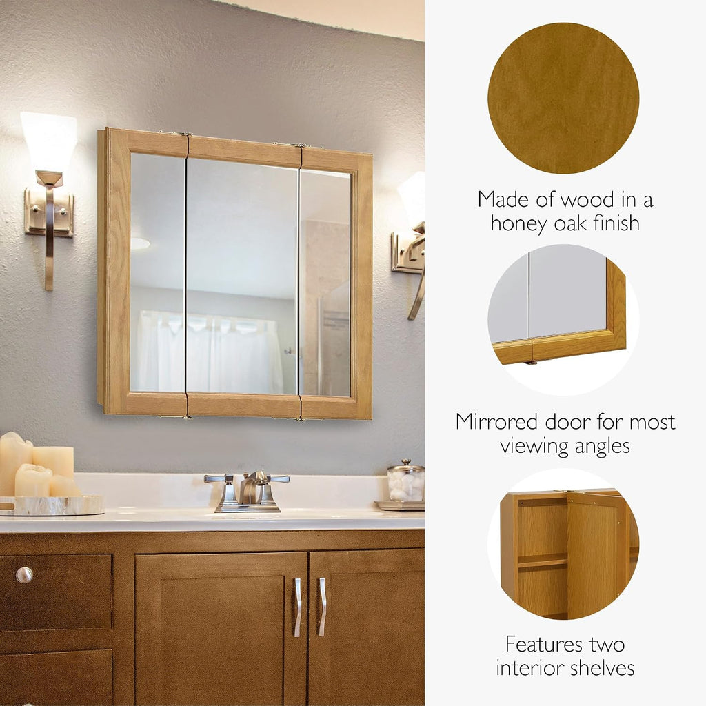 Claremont Tri-View Medicine Cabinet, 24", Honey Oak | Wall Mount, Transitional, Wood, Bath, 545277-HOK
