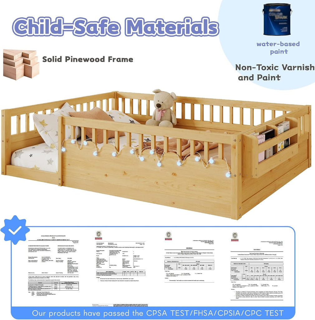 Floor Bed for Kids, Montessori Beds with High Fence Railings, Wood Playhouse Bed with Rails, Light &