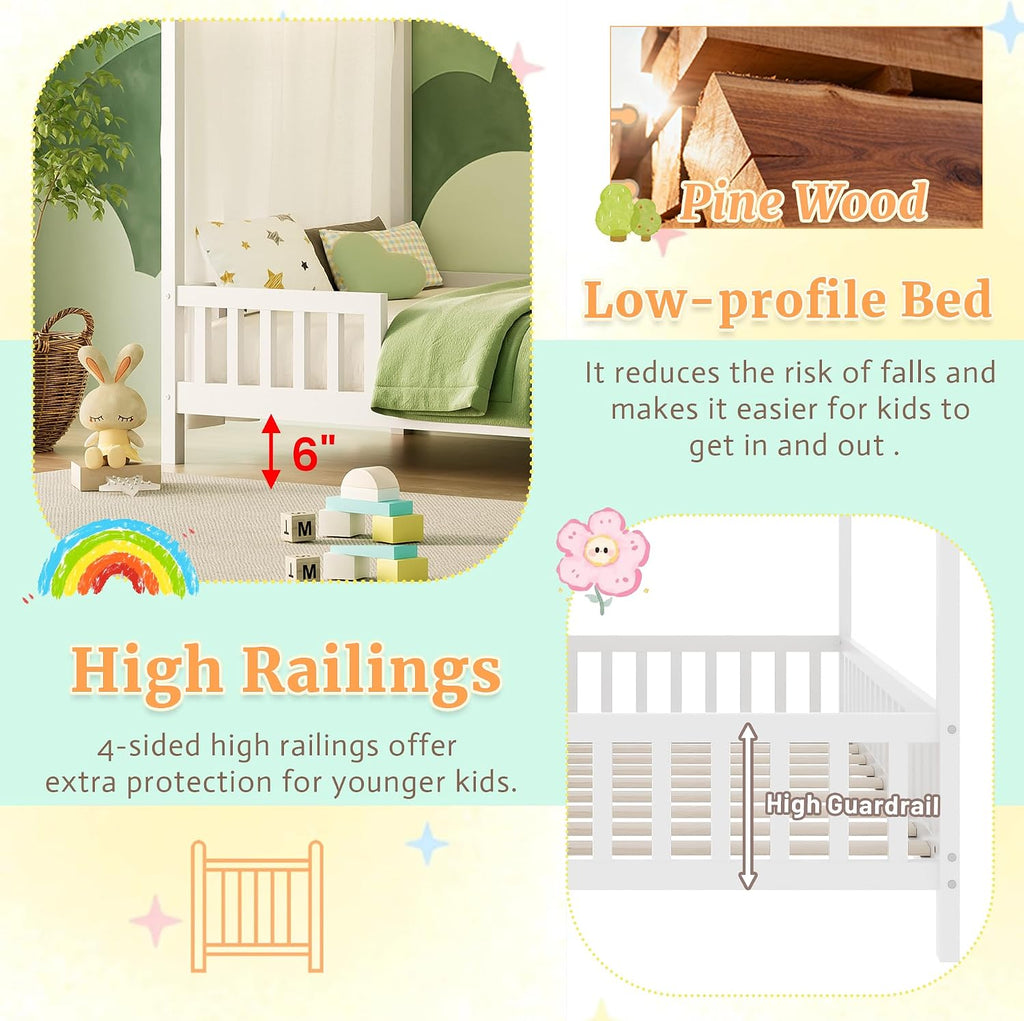 Tw Bed for Kids with High Rails, Montessori Floor Bed Twin with Roof & Canopy, Wood House Beds Frame for Boys Girls
