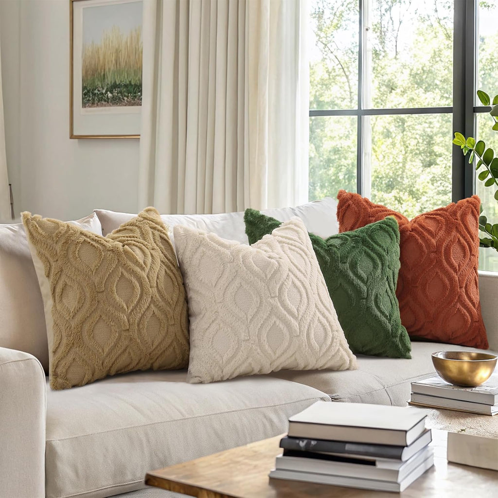 Throw Pillow Covers 18x18 Inch Set of 2, Soft Plush Faux Wool Beige Solid Couch Pillow Covers, Accent Farmhouse