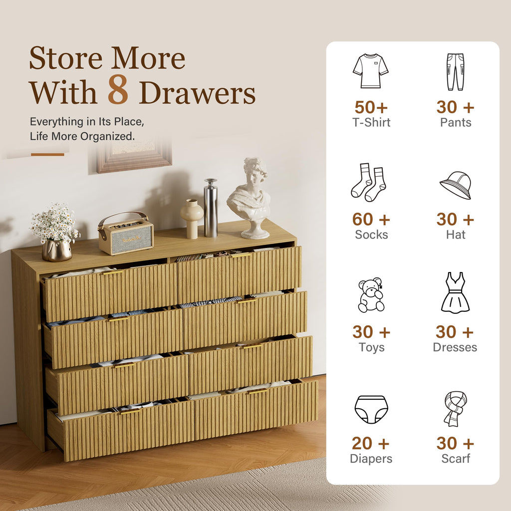 55" Wide Fluted Dresser with 8 Drawers, Natural Oak