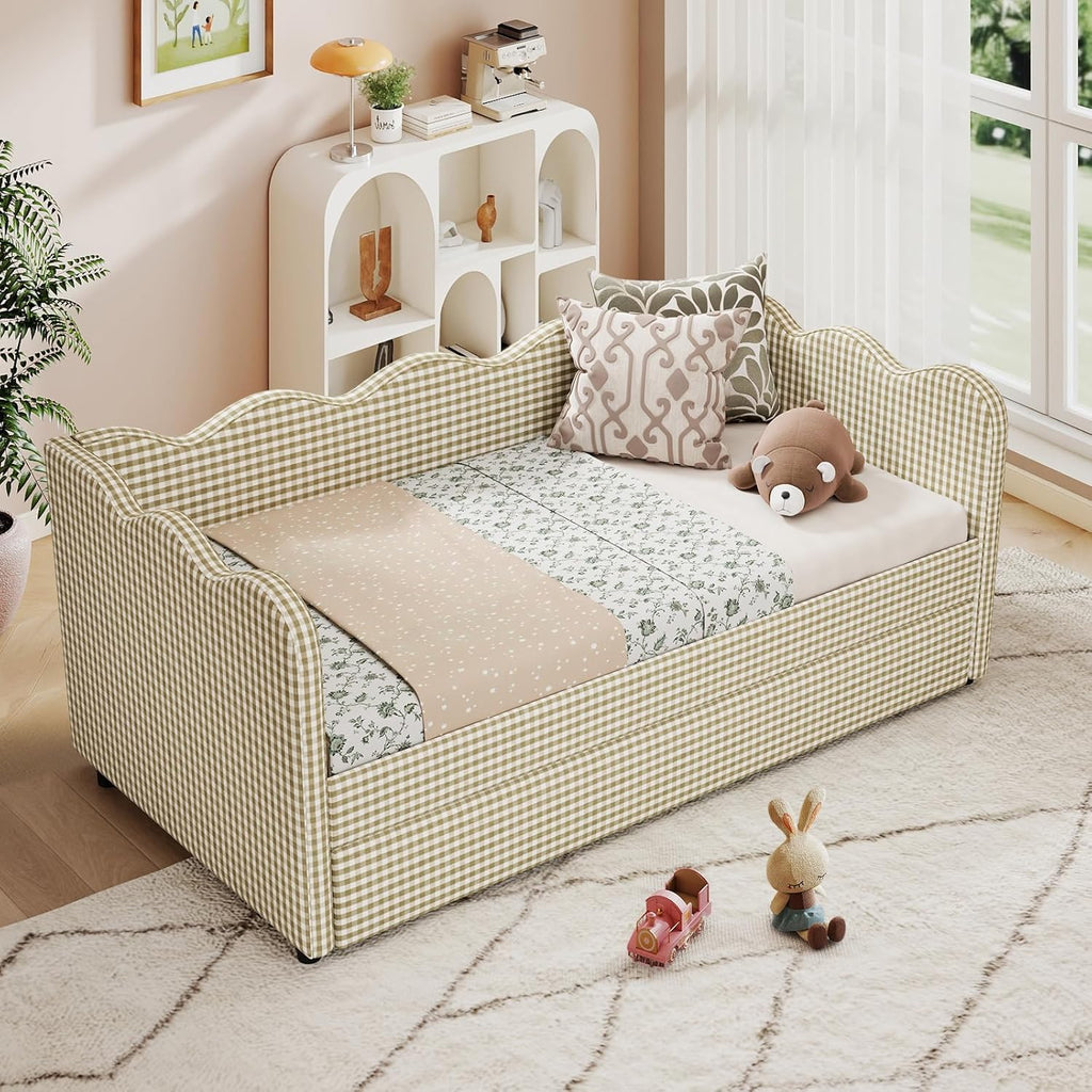 Twin Size Daybed with Pop Up Trundle, Twin to King Gingham Daybed with USB, Upholstery Adorable Wave Shaped Linen