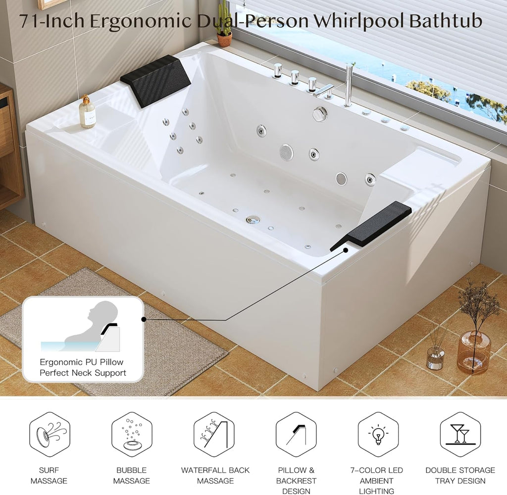 Whirlpool Bathtub - 71" x 47" 2 Person Jetted Massage Tub with 30 Jets (18 Water Jets+12 Air Jets) Rectangular Alcove