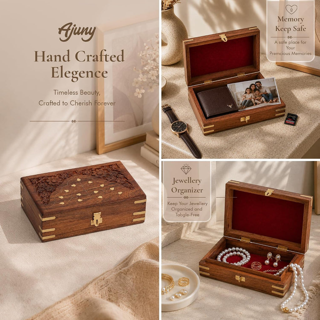 Wooden Jewellery Box Brass Inlay Hand Carved Keepsake Chest 8x5