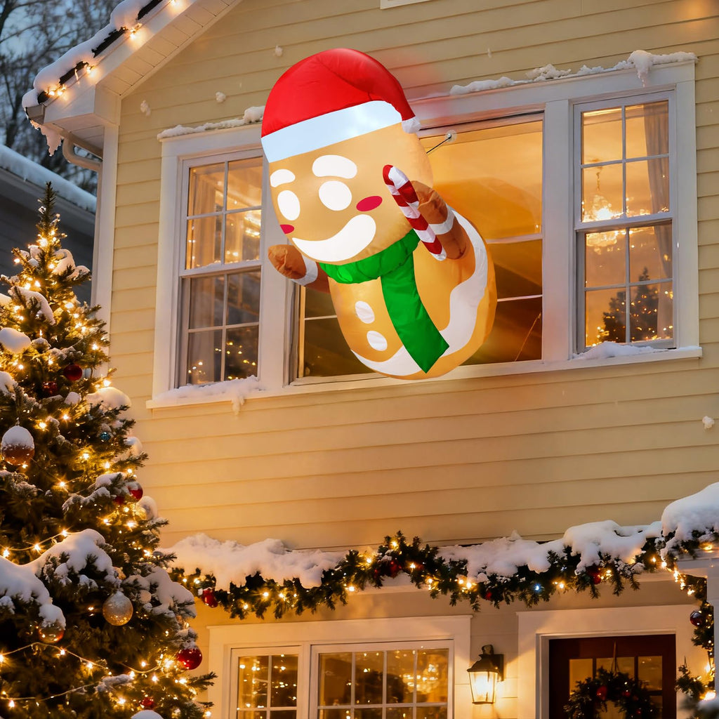 Christmas Inflatable Gingerbread Man Broke Out from Window, Built-in Bright LED Lights 3.5FT Blow Up Xmas Decor