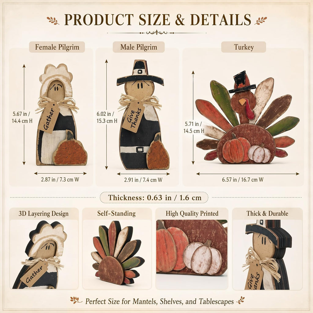 3 Pcs Thanksgiving Turkey Decorations Fall Pilgrim Table Signs